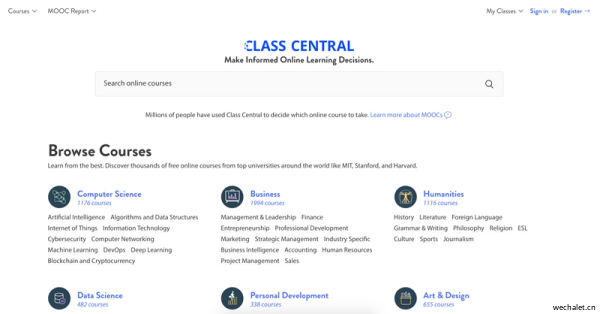 免费在线课程和MOOC的搜索引擎 - Class Central